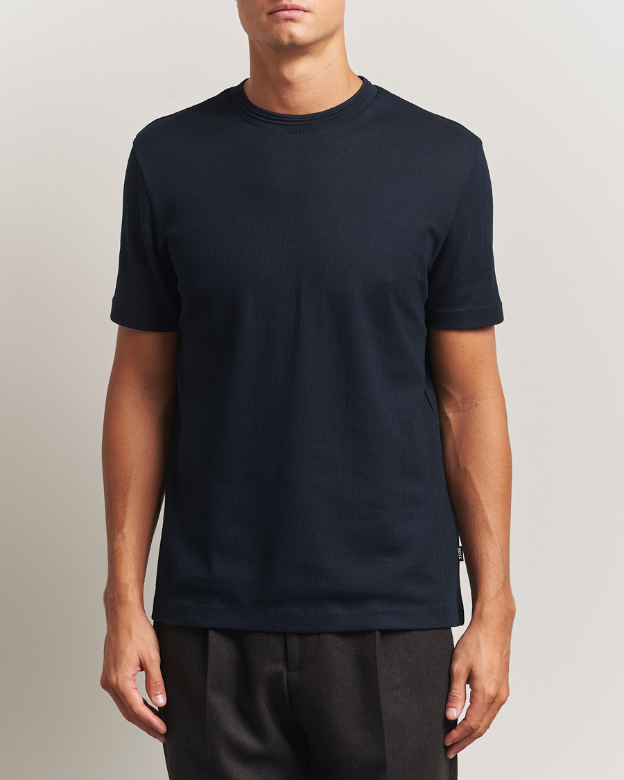 Men | T-Shirts | BOSS BLACK | Thompson Structured Crew Neck T-Shirt Dark Blue