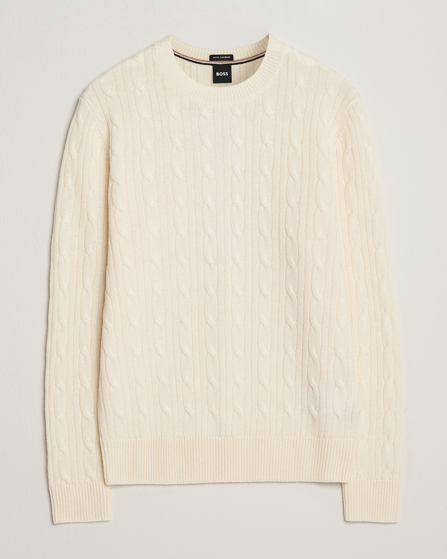 Men | Sweaters & Knitwear | BOSS BLACK | Hetico Wool/Cashmere Cable Sweater Open White