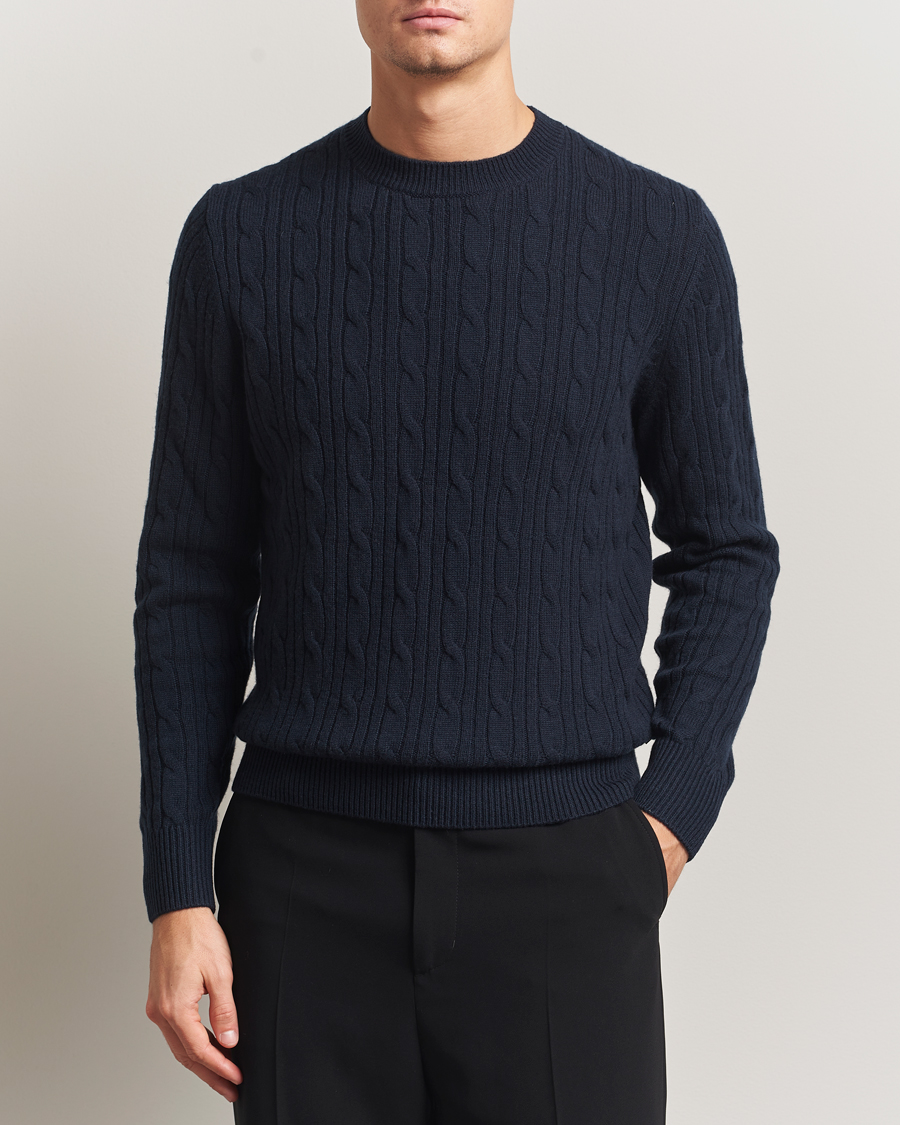 Men | Sweaters & Knitwear | BOSS BLACK | Hetico Wool/Cashmere Cable Sweater Dark Blue