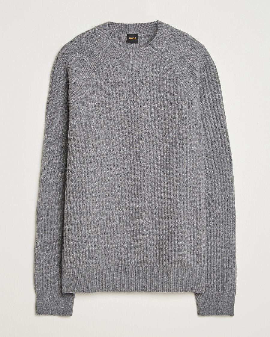 BOSS ORANGE Klacier Ribbed Wool Knitted Sweater Open Grey at
