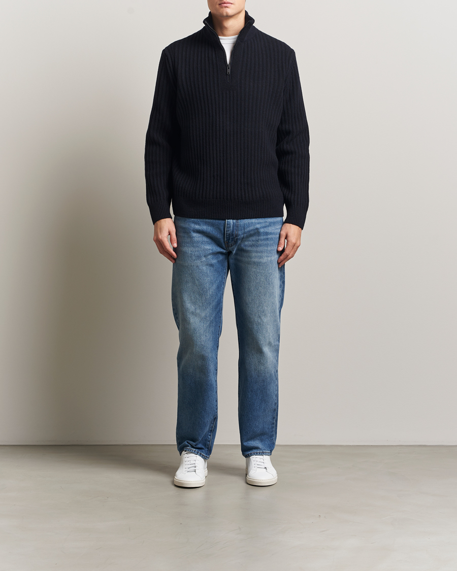 Men | Sweaters & Knitwear | BOSS ORANGE | Kwinter Ribbed Wool Knitted Half Zip Dark Blue