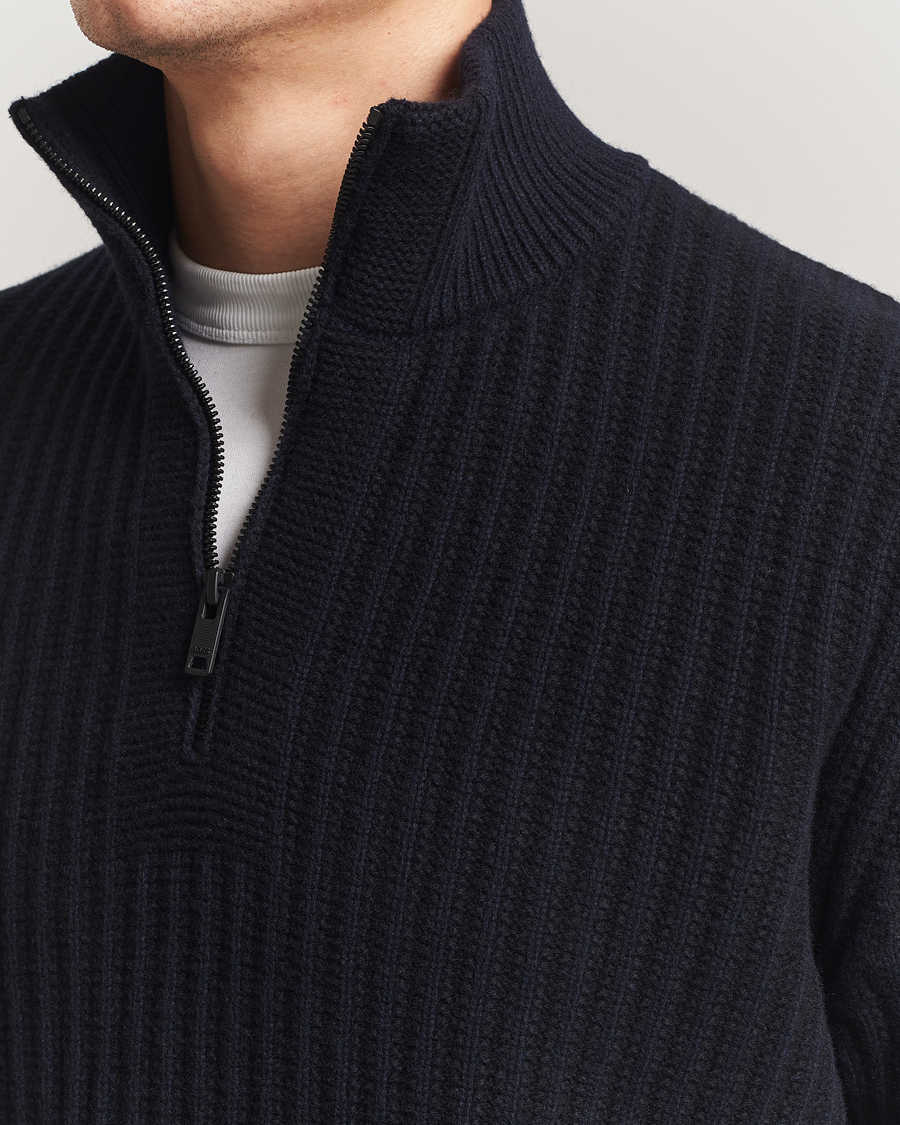 Men | Sweaters & Knitwear | BOSS ORANGE | Kwinter Ribbed Wool Knitted Half Zip Dark Blue