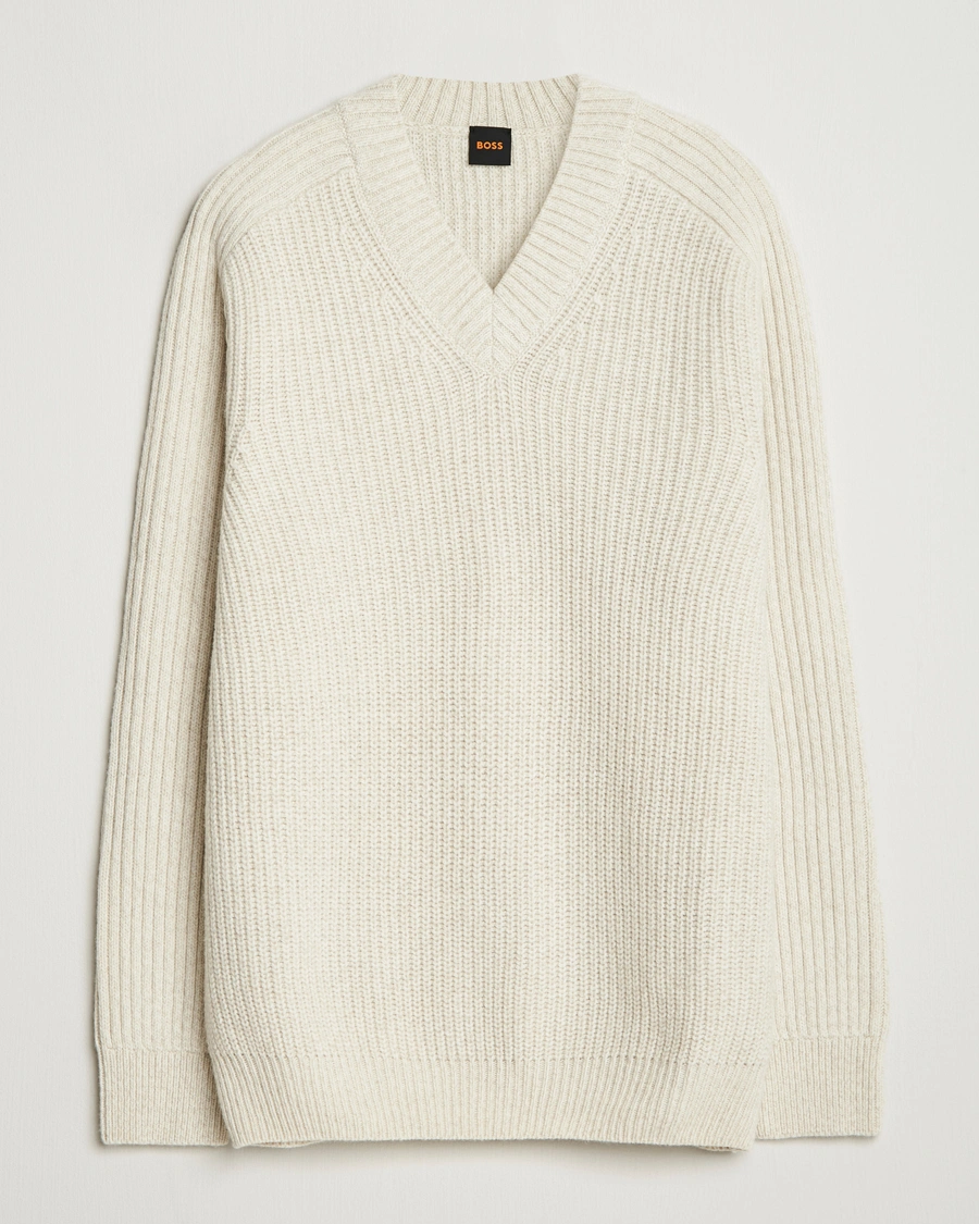 Men | Sweaters & Knitwear | BOSS ORANGE | Karinet Ribbed Wool Knitted V-Neck Light Beige