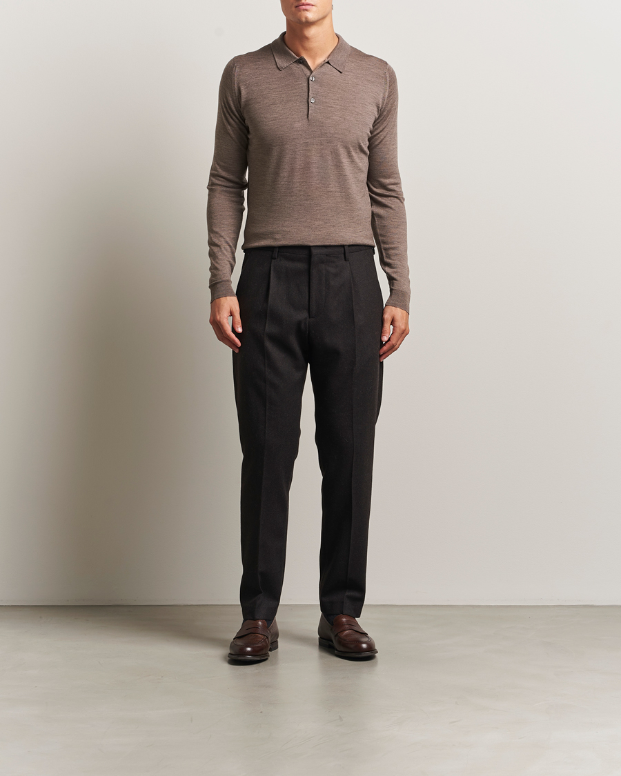 Men | Sweaters & Knitwear | John Smedley | Belper Extra Fine Merino Polo Pullover Mushroom Brown
