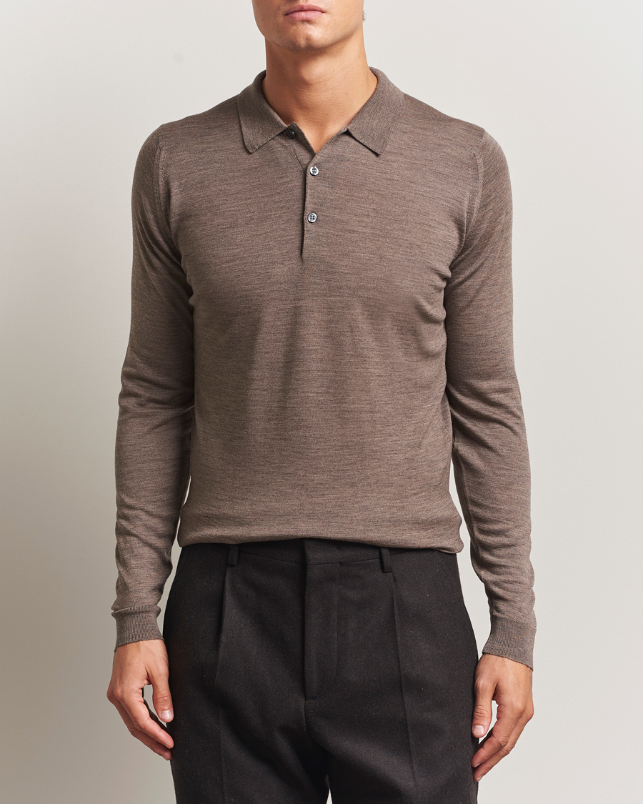 Men | Sweaters & Knitwear | John Smedley | Belper Extra Fine Merino Polo Pullover Mushroom Brown