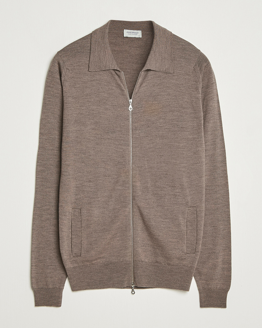 John Smedley Alston Extra Fine Merino Full Zip Mushroom Brown at