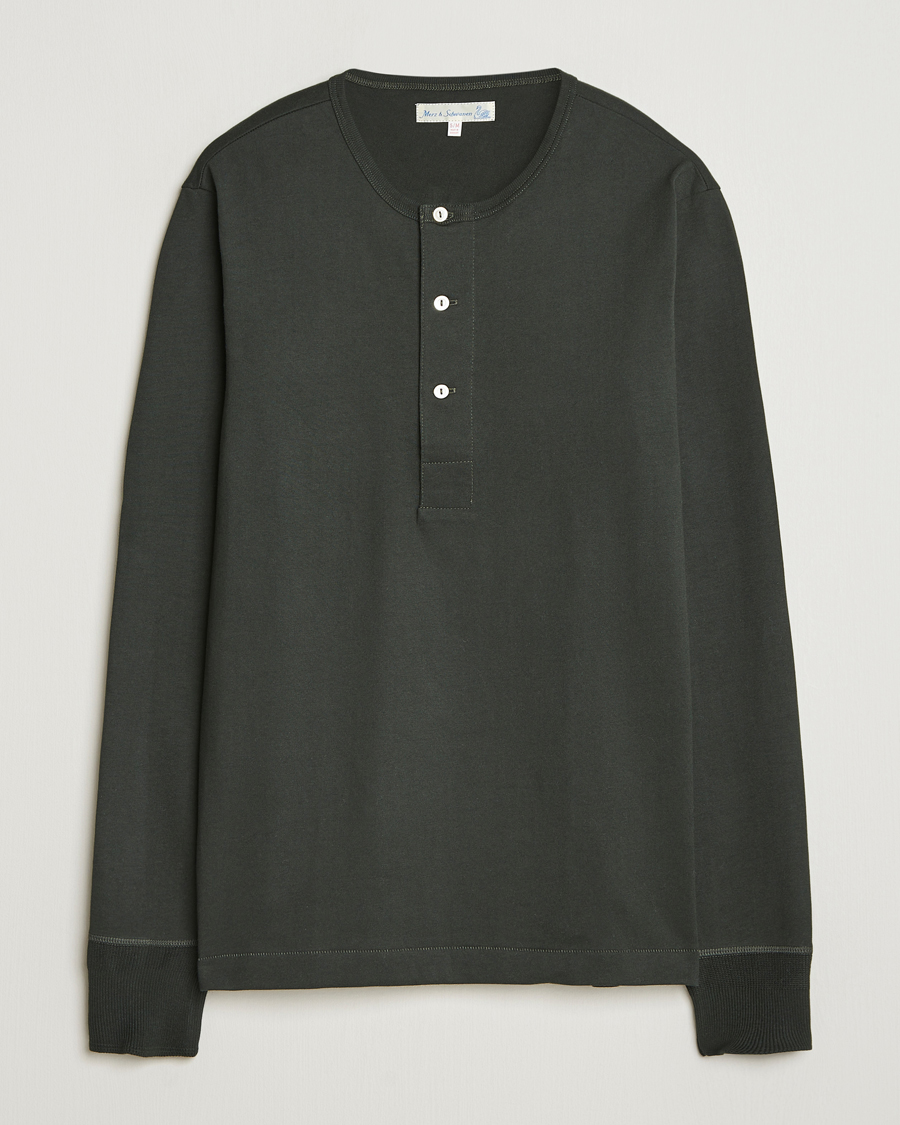 Men | Sweaters & Knitwear | Merz b. Schwanen | Classic Fit Sturdy Organic Cotton Henley Forest Green