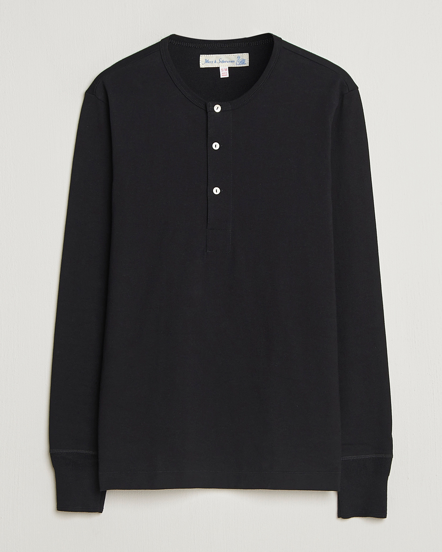 Men | Sweaters & Knitwear | Merz b. Schwanen | Classic Fit Sturdy Organic Cotton Henley Black