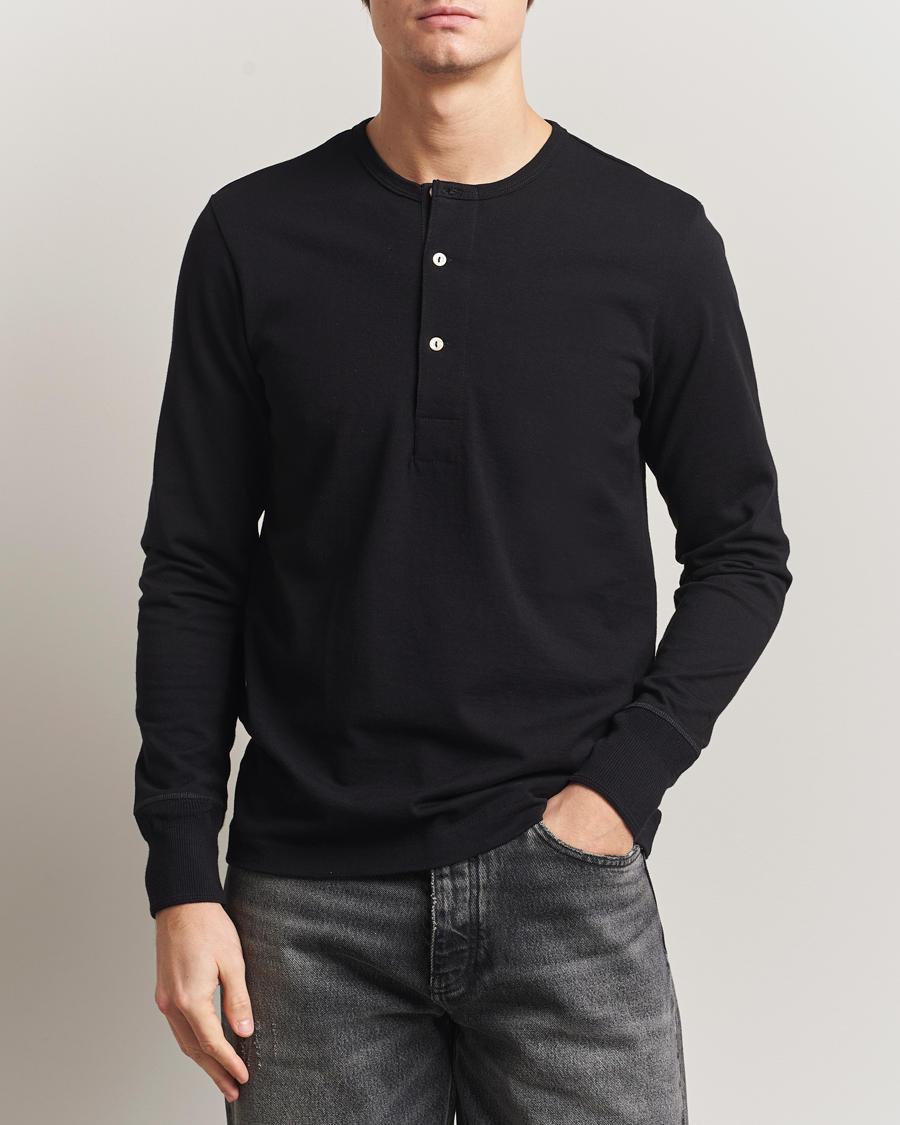 Men | Sweaters & Knitwear | Merz b. Schwanen | Classic Fit Sturdy Organic Cotton Henley Black