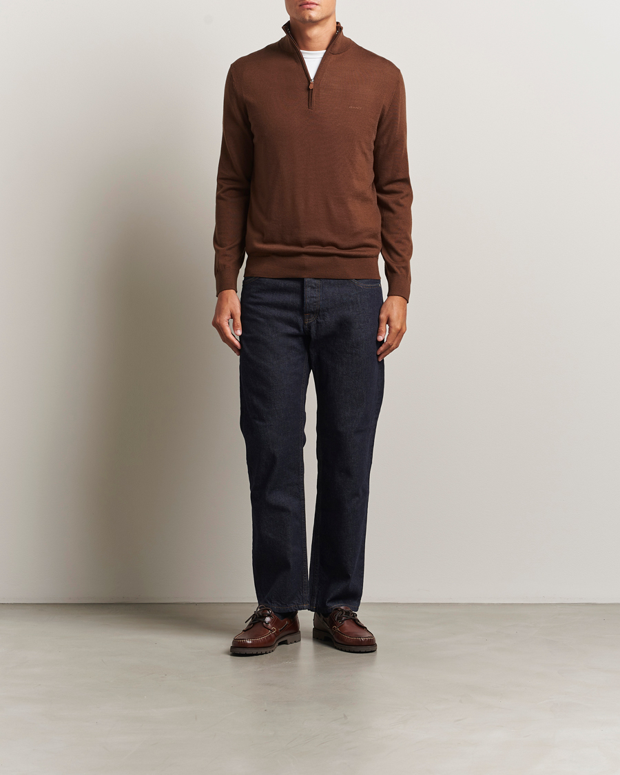 GANT Extrafine Merino Wool Half Zip Mahogany Brown at CareOfCarl.com