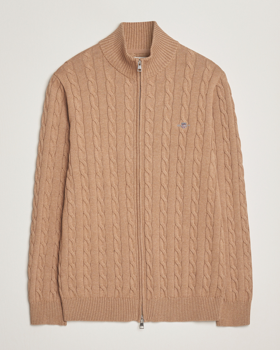 Men | Sweaters & Knitwear | GANT | Cotton Cable Full Zip Dark Sand Melange