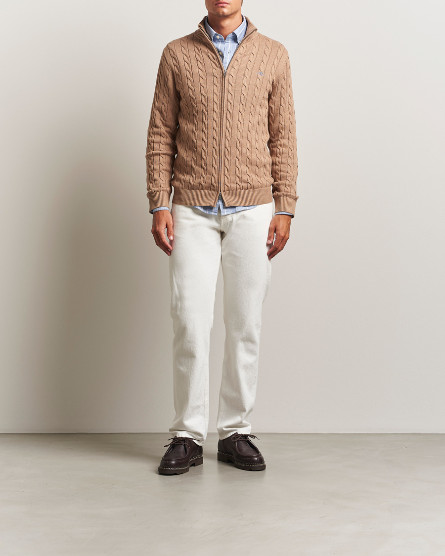 Men | Sweaters & Knitwear | GANT | Cotton Cable Full Zip Dark Sand Melange