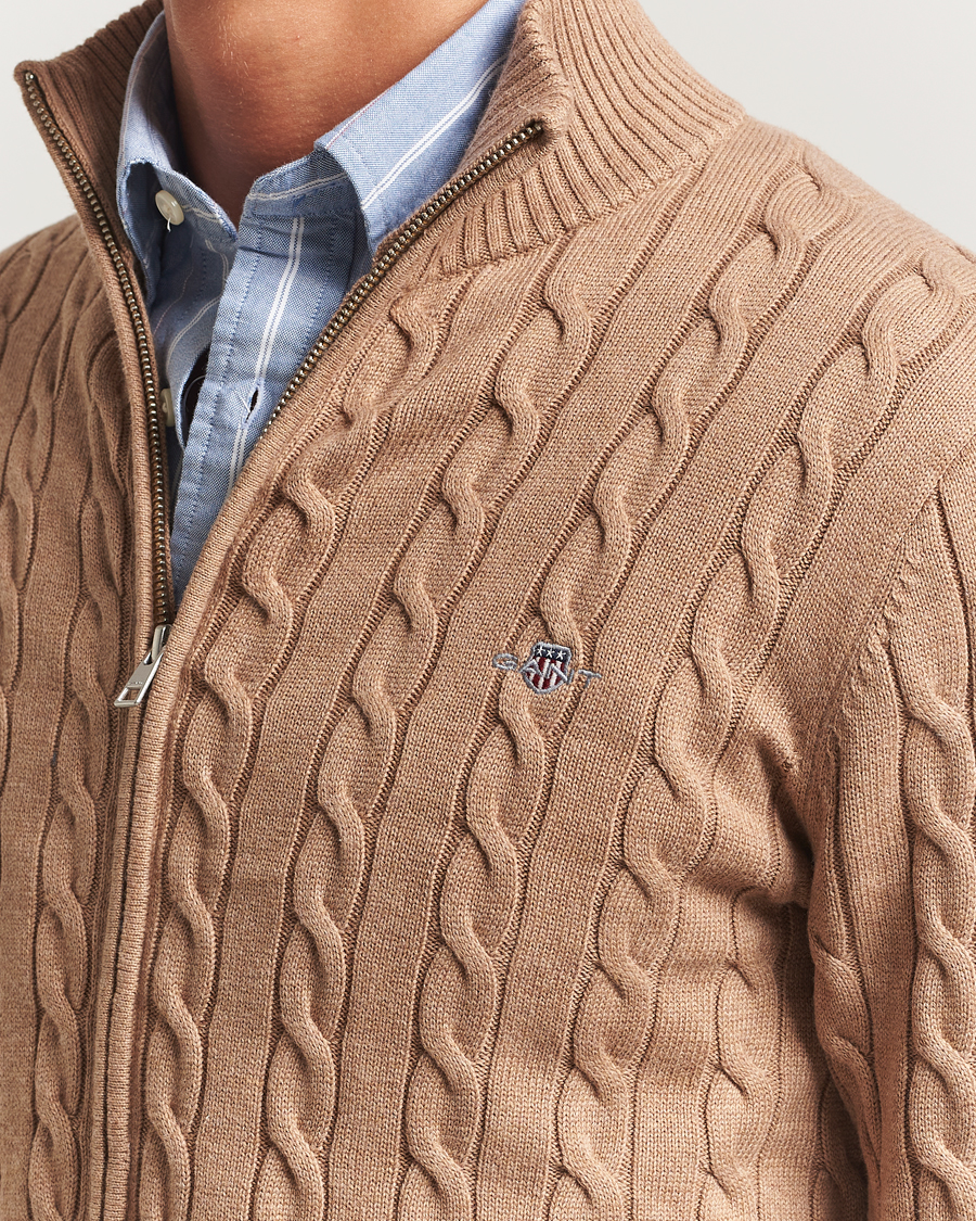 Men | Sweaters & Knitwear | GANT | Cotton Cable Full Zip Dark Sand Melange