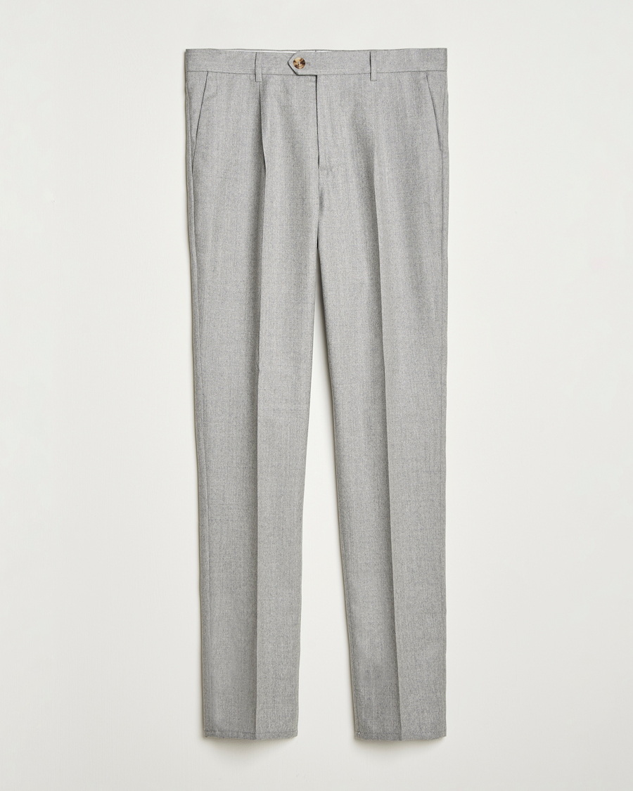 Men | Trousers | Brunello Cucinelli | Slim Fit Pleated Flannel Trousers Light Grey