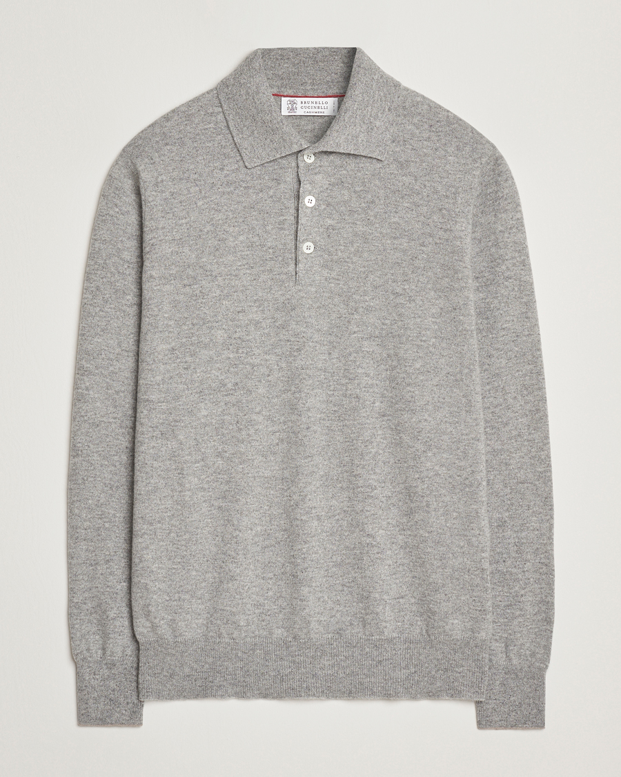 Men | Sweaters & Knitwear | Brunello Cucinelli | 2 Ply Cashmere Long Sleeve Polo Grey Melange
