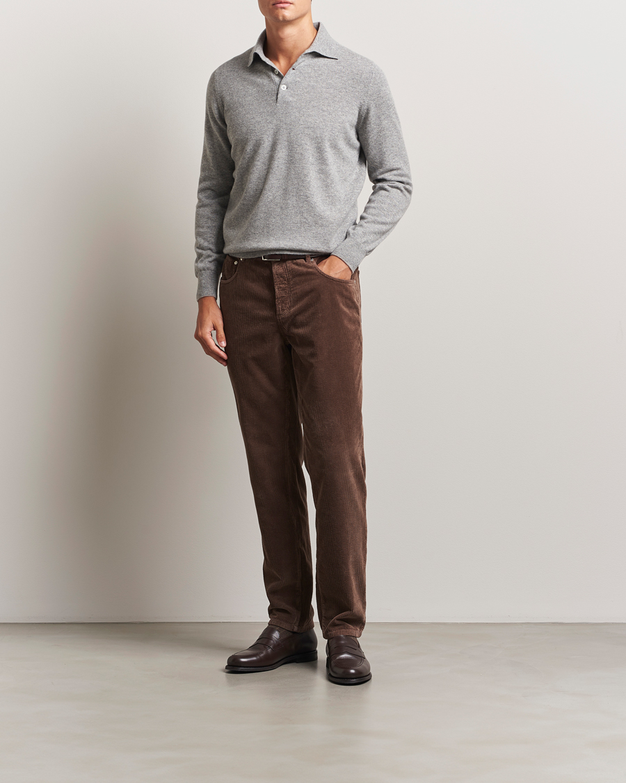 Brunello Cucinelli 2 Ply Cashmere Long Sleeve Polo Grey Melange at