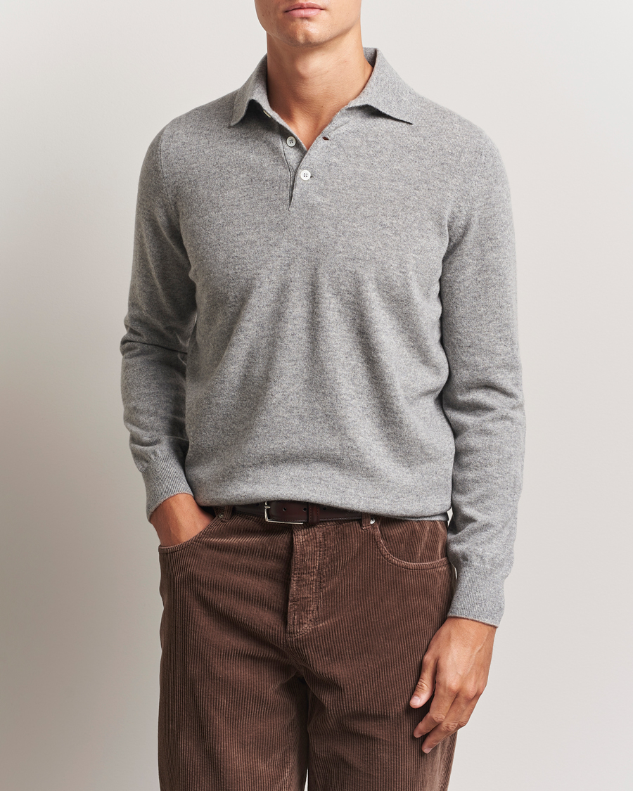 Brunello Cucinelli 2 Ply Cashmere Long Sleeve Polo Grey Melange at