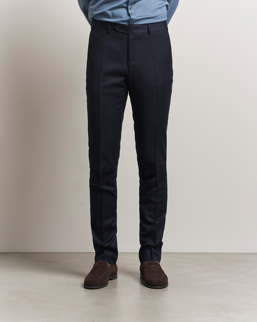 Men | Trousers | Canali | Slim Fit Flannel Trousers Navy