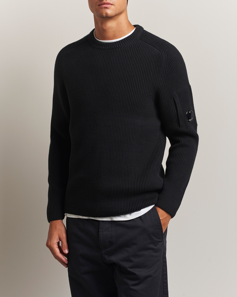 C.P. Company Full Rib Knitted Cotton Crew Neck Black at CareOfCarl.com
