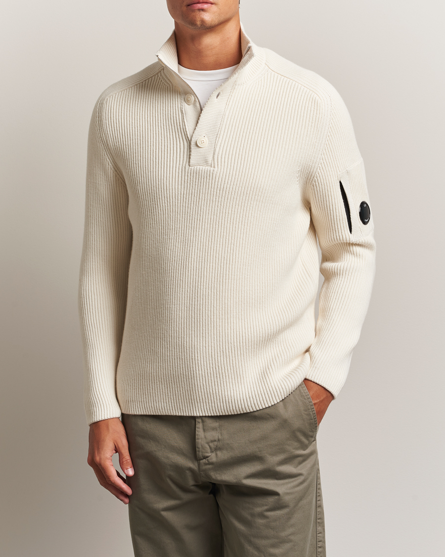 C.P. Company Full Rib Knitted Cotton Half Button White at