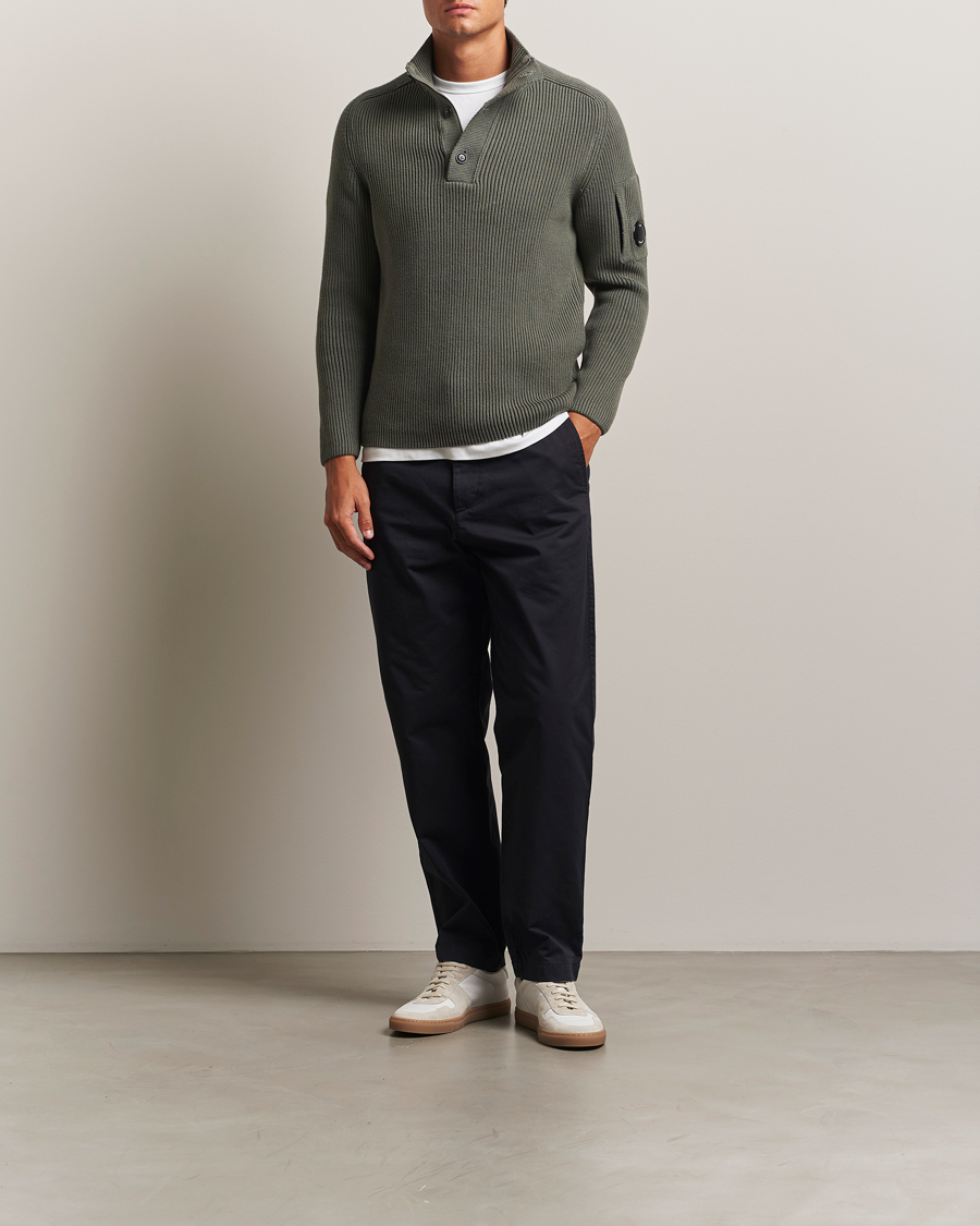 C.P. Company Full Rib Knitted Cotton Half Button Grey at