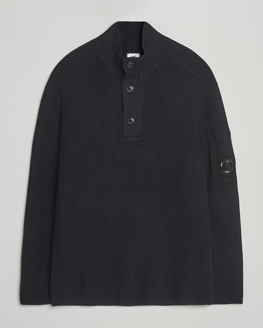 Men | Sweaters & Knitwear | C.P. Company | Full Rib Knitted Cotton Half Button Black