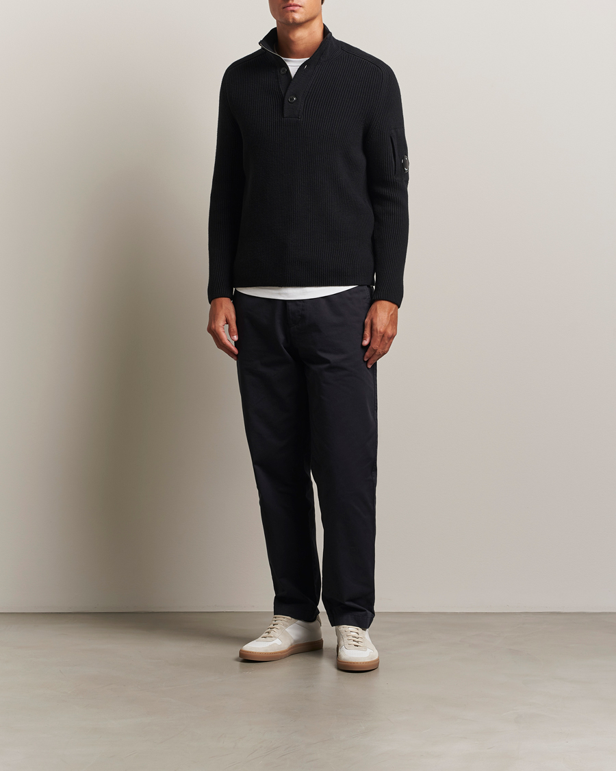 Men | Sweaters & Knitwear | C.P. Company | Full Rib Knitted Cotton Half Button Black