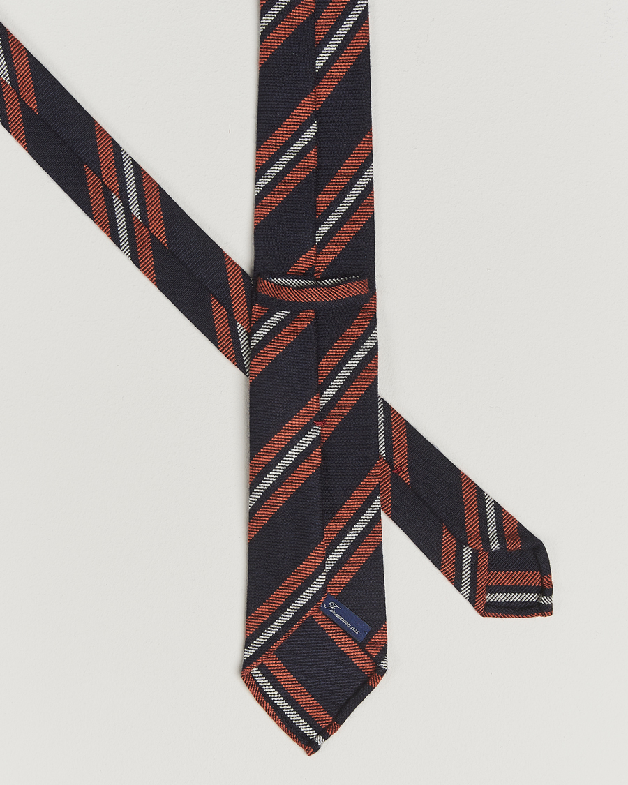 Men | Finamore Napoli Wool Regimental Stripe Tie Navy/Orange | Finamore Napoli | Wool Regimental Stripe Tie Navy/Orange