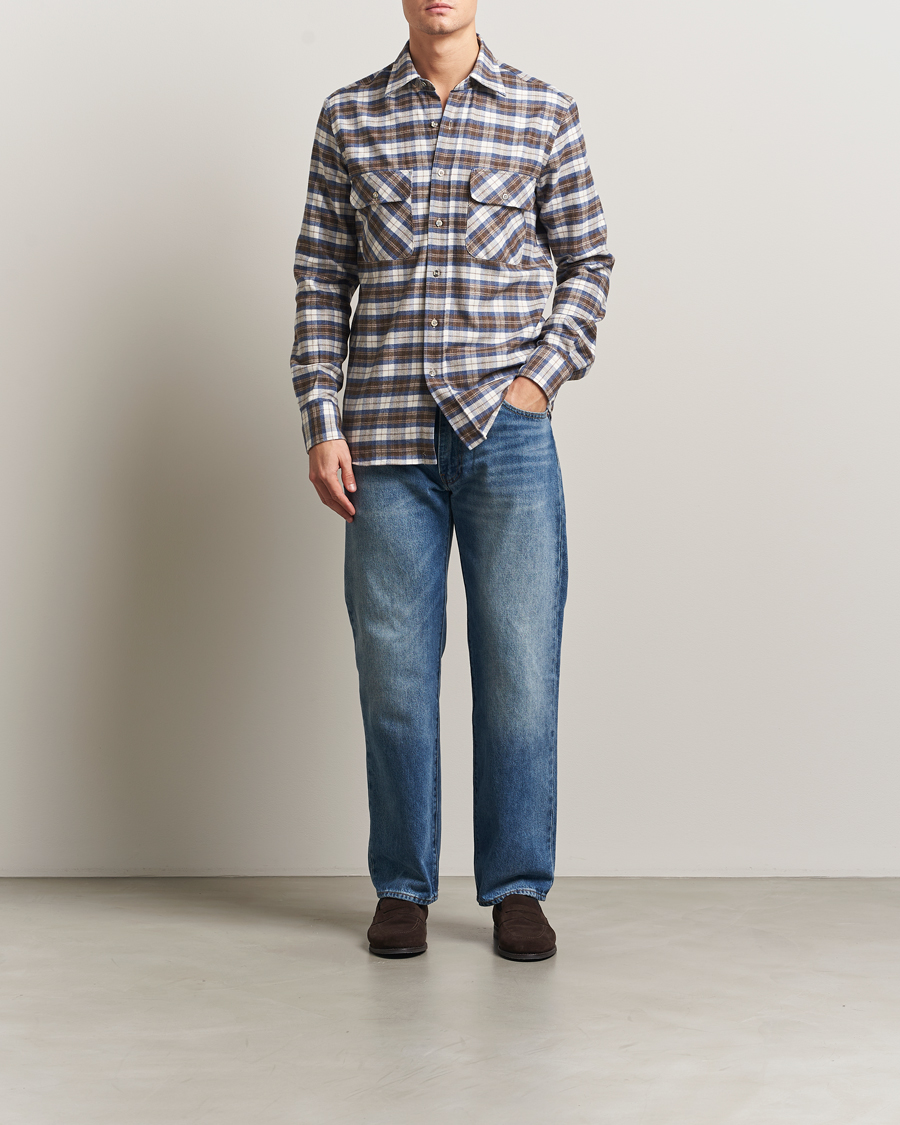 Men | Shirts | Grigio | Heavy Flannel Overshirt Blue/Beige Check