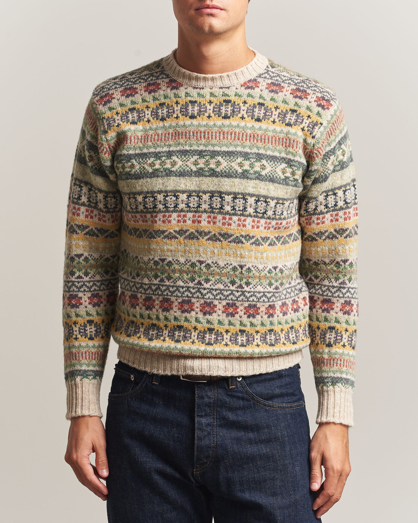 Men | Sweaters & Knitwear | Jamieson's of Shetland | Jamiesons Of Shetland All Over Fair Isle Pullover Crew Neck Beige
