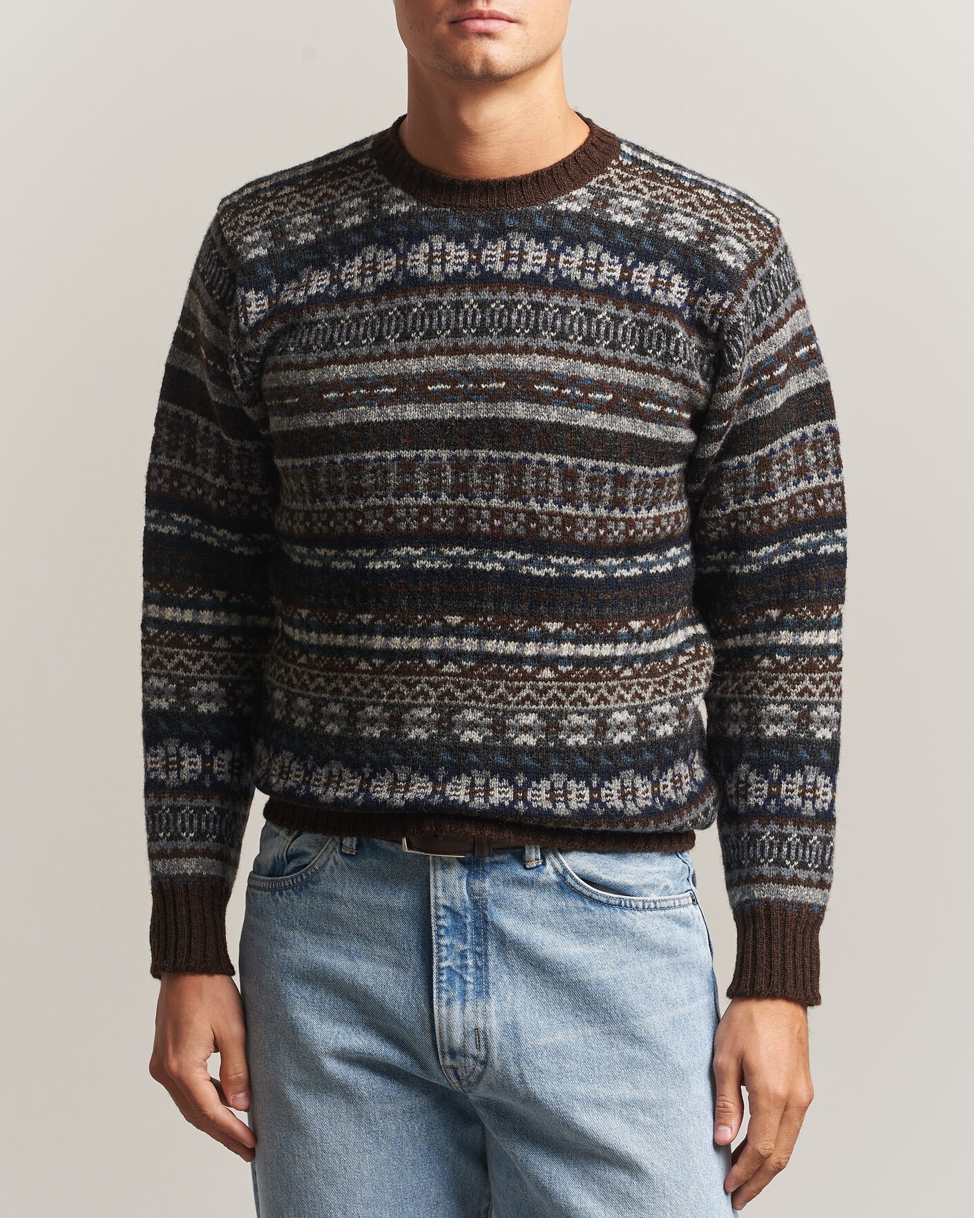 Men | Sweaters & Knitwear | Jamieson's of Shetland | Jamiesons Of Shetland All Over Fair Isle Pullover Crew Neck Brown