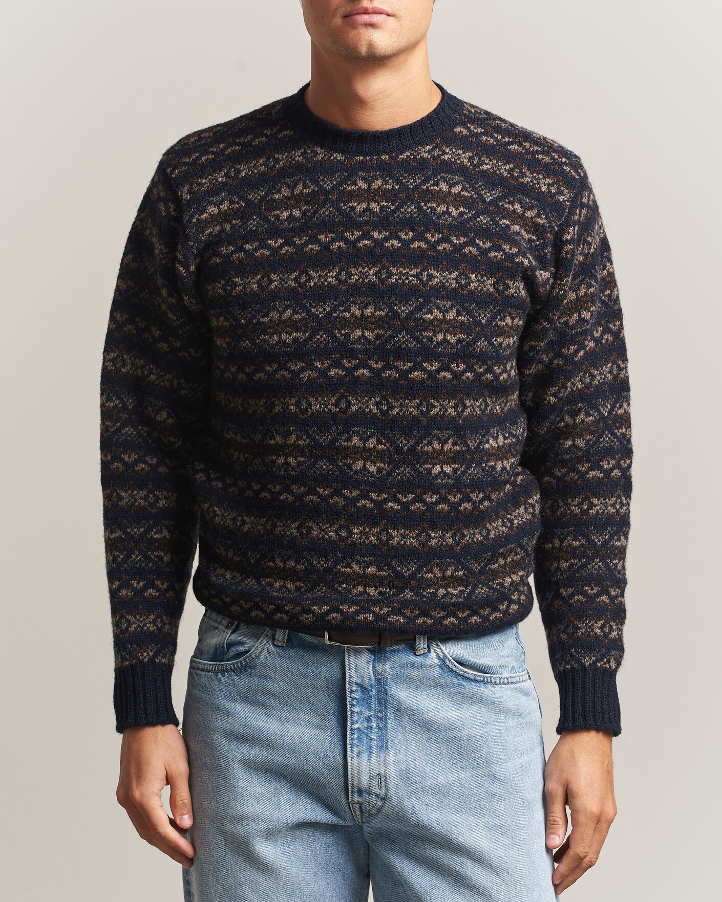 Men | Sweaters & Knitwear | Jamieson's of Shetland | Jamiesons Of Shetland All Over Fair Isle Pullover Crew Neck Navy