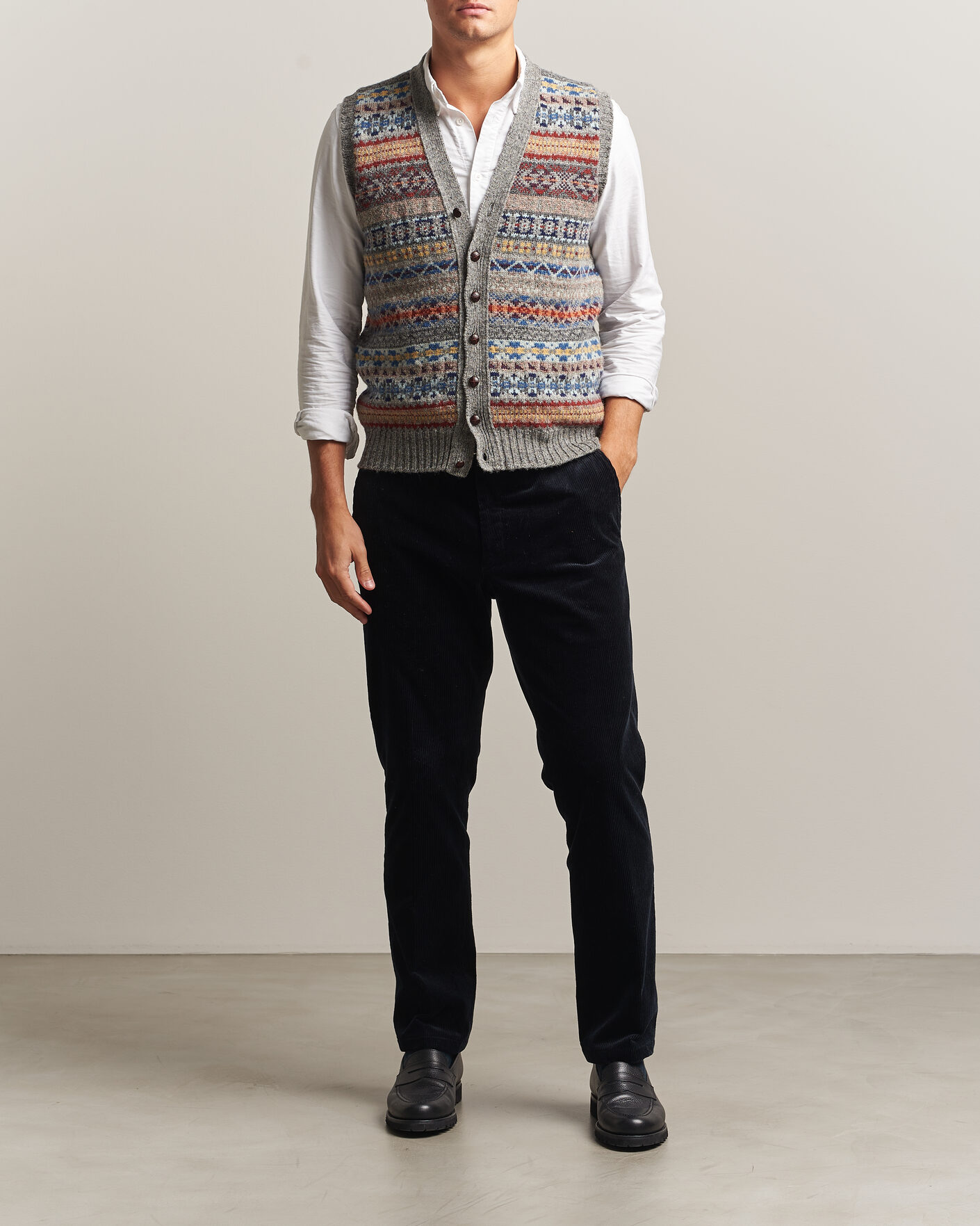 Men | Sweaters & Knitwear | Jamieson's of Shetland | Jamiesons Of Shetland All Over Fair Isle Waistcoat Grey