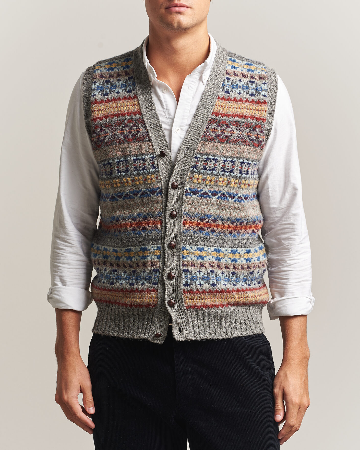 Men | Sweaters & Knitwear | Jamieson's of Shetland | Jamiesons Of Shetland All Over Fair Isle Waistcoat Grey