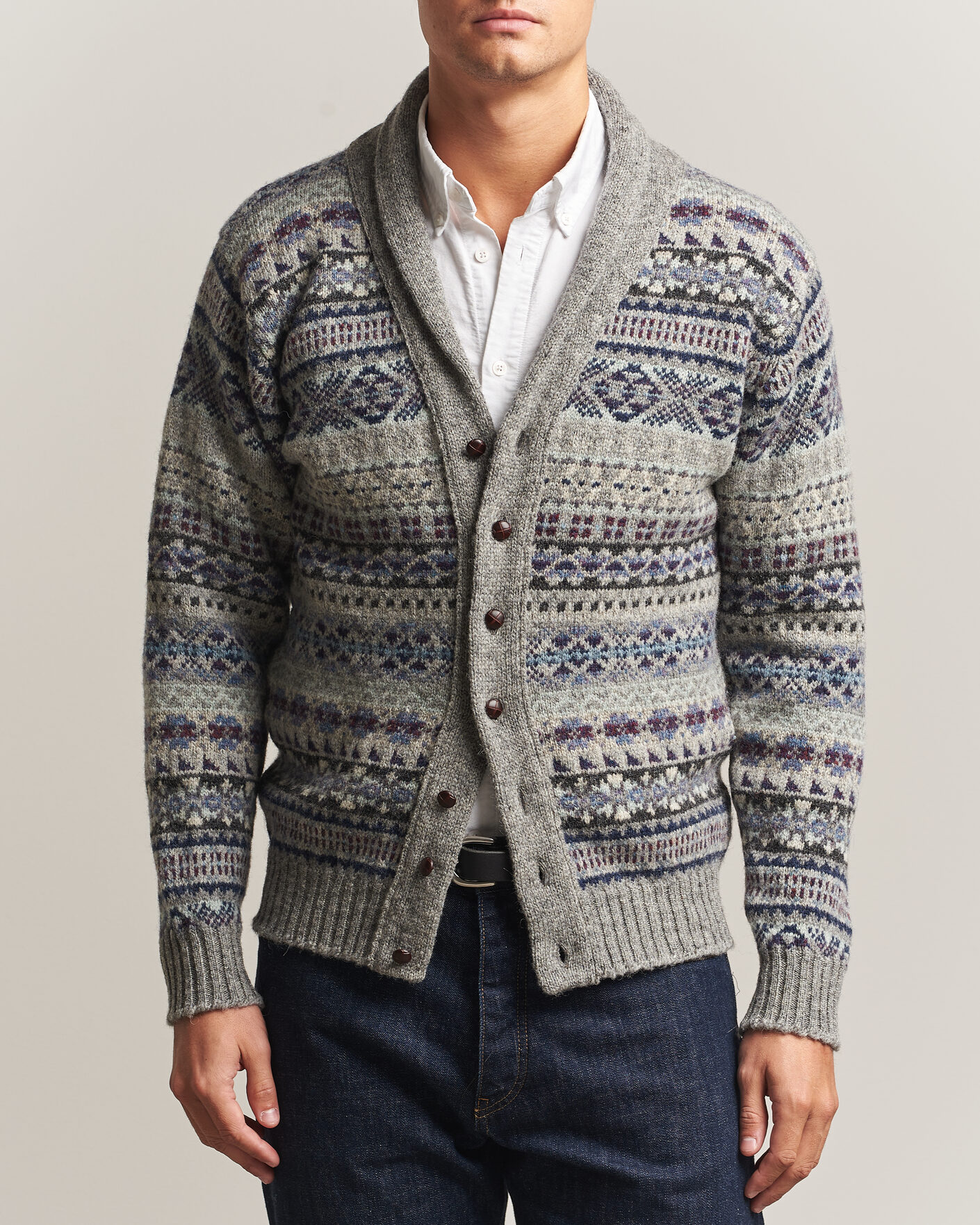 Men | Sweaters & Knitwear | Jamieson's of Shetland | Jamiesons Of Shetland All Over Fair Isle Shawl Collar Cardigan Grey