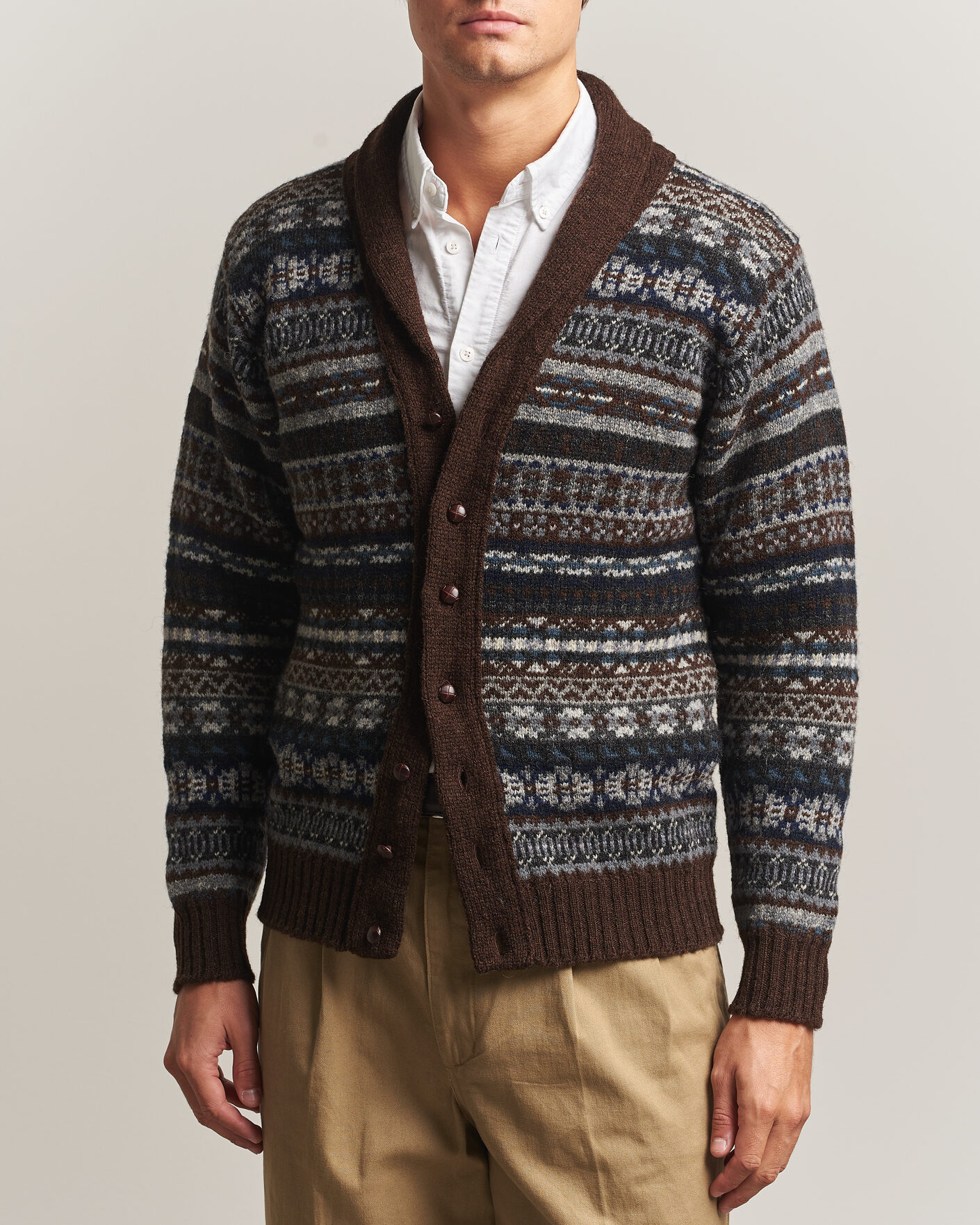 Men | Sweaters & Knitwear | Jamieson's of Shetland | Jamiesons Of Shetland All Over Fair Isle Shawl Collar Cardigan Brown