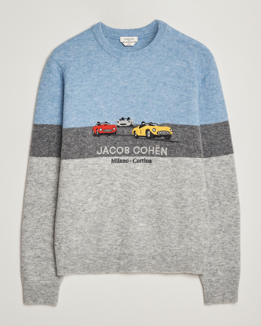 Men | Sweaters & Knitwear | Jacob Cohën | Embroidery Knitted Milano-Cortina Crew Neck Grey/Blue