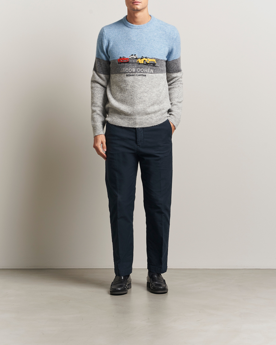 Men | Sweaters & Knitwear | Jacob Cohën | Embroidery Knitted Milano-Cortina Crew Neck Grey/Blue