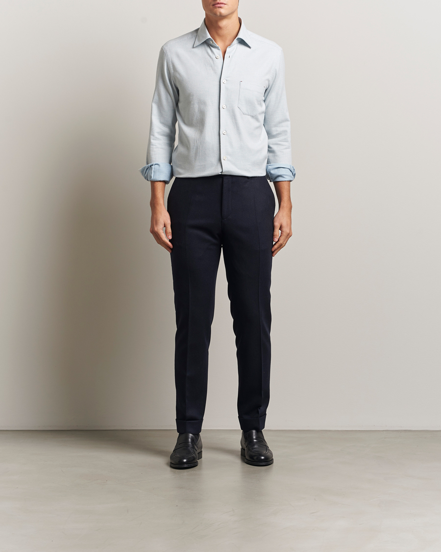 Men | Shirts | Kiton | Cotton Flannel Sport Shirt Light Blue