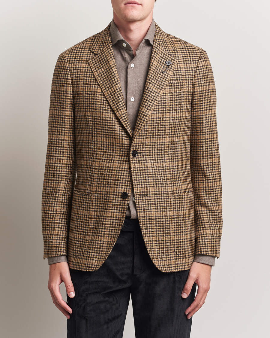 Lardini Wool/Cashmere Houndstooth Overcheck Blazer Brown at