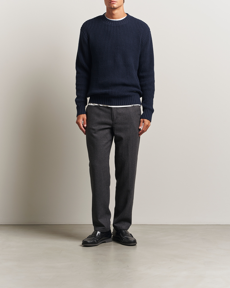 Men | Sweaters & Knitwear | LES DEUX | Alvin Cotton Waffle Crewneck Dark Navy