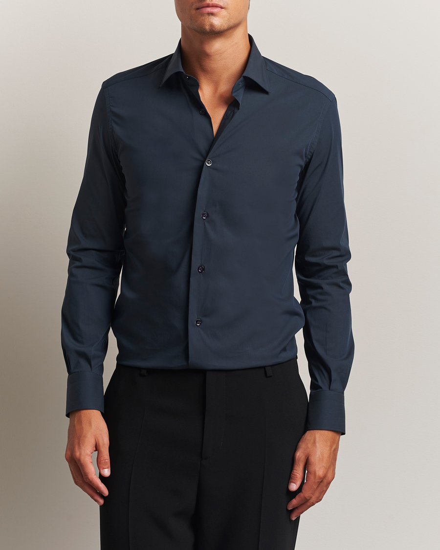 Men | Shirts | Mazzarelli | Soft Cotton/Stretch Cut Away Shirt Navy
