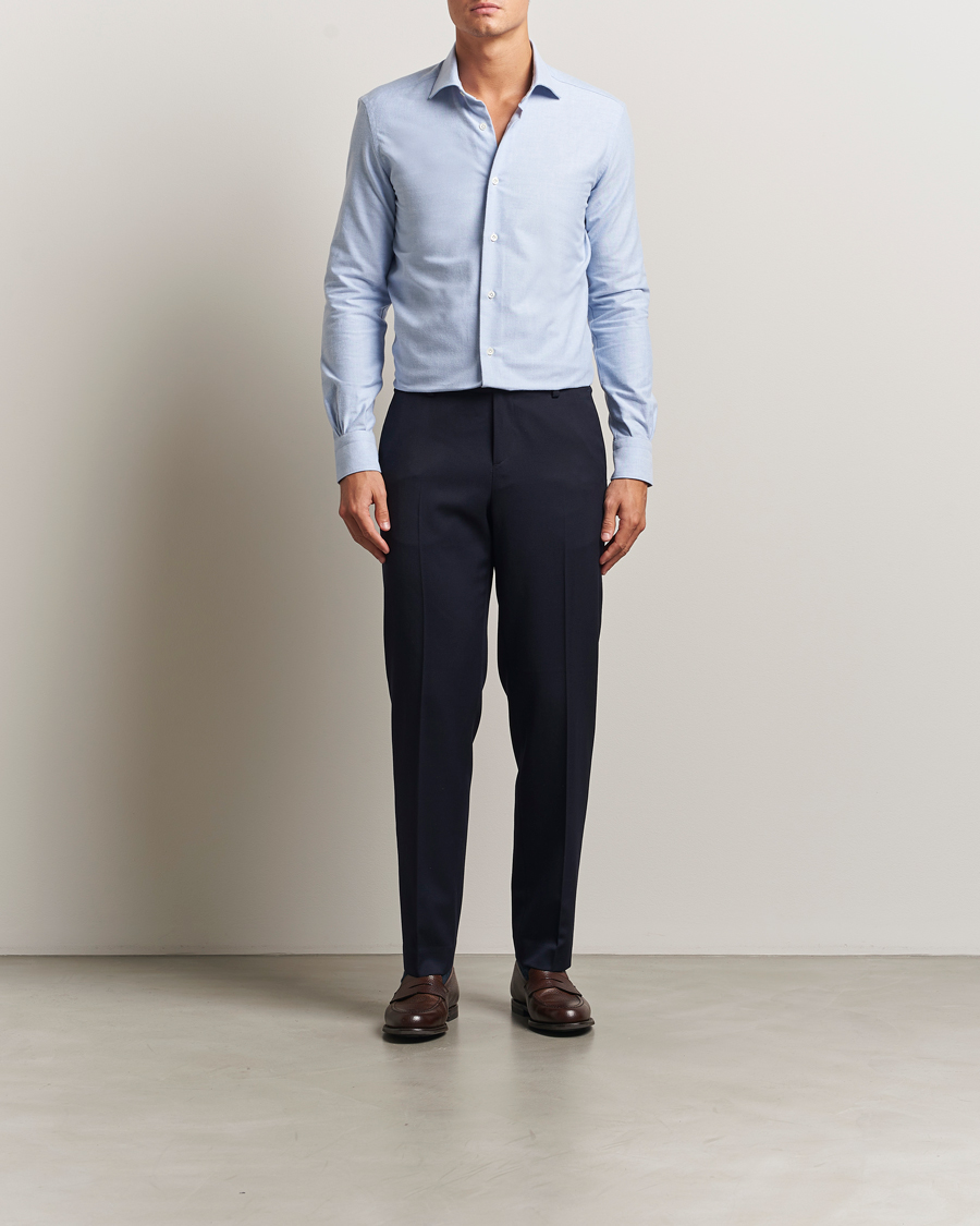 Men | Shirts | Mazzarelli | Soft Flannel Cut Away Shirt Light Blue