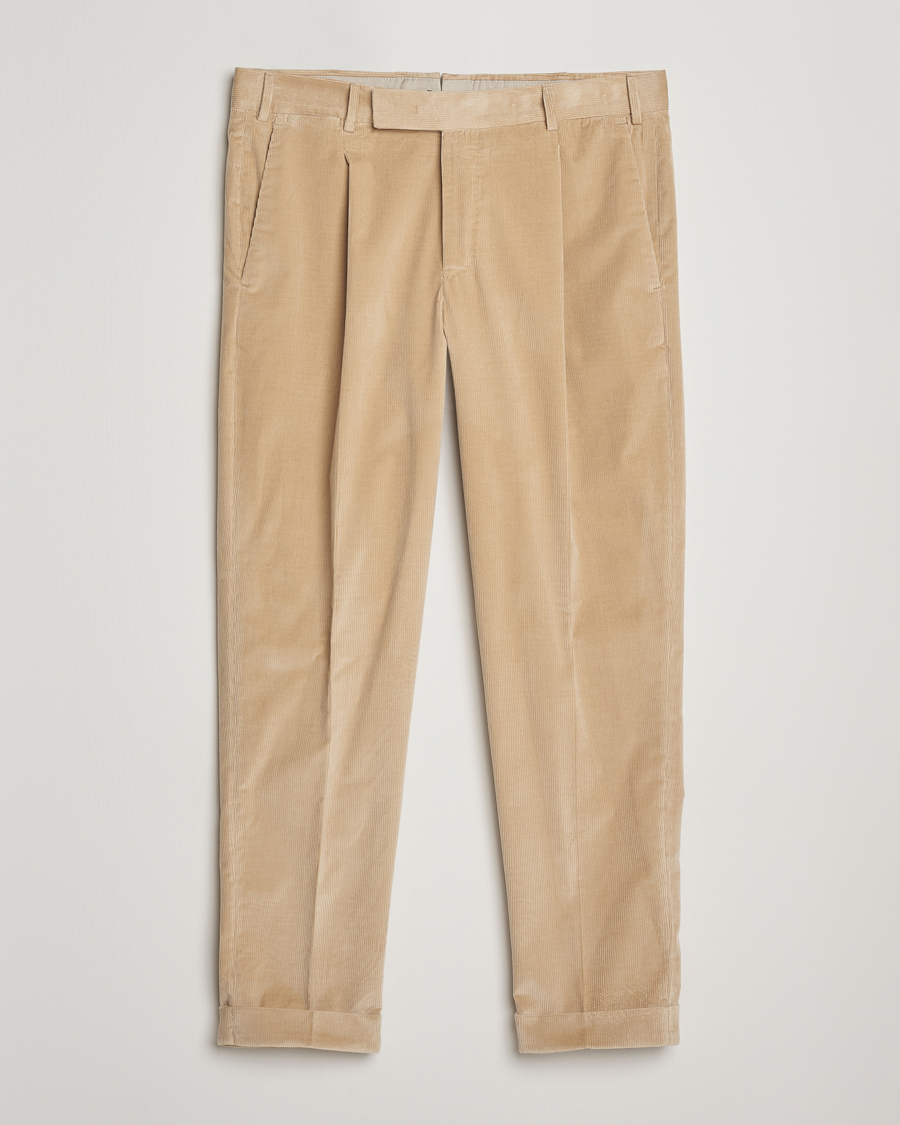 Men | Trousers | PT01 | Slim Fit Pleated Corduroy Trousers Light Beige