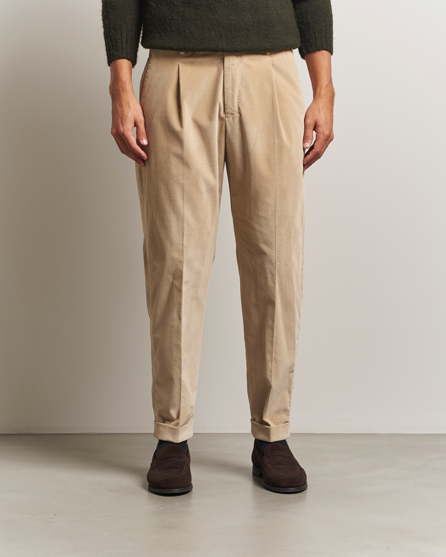 Men | Trousers | PT01 | Slim Fit Pleated Corduroy Trousers Light Beige