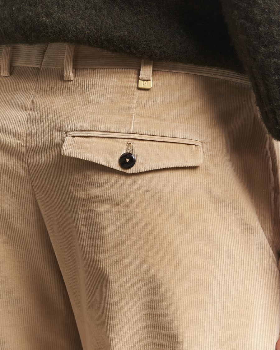 Men | Trousers | PT01 | Slim Fit Pleated Corduroy Trousers Light Beige