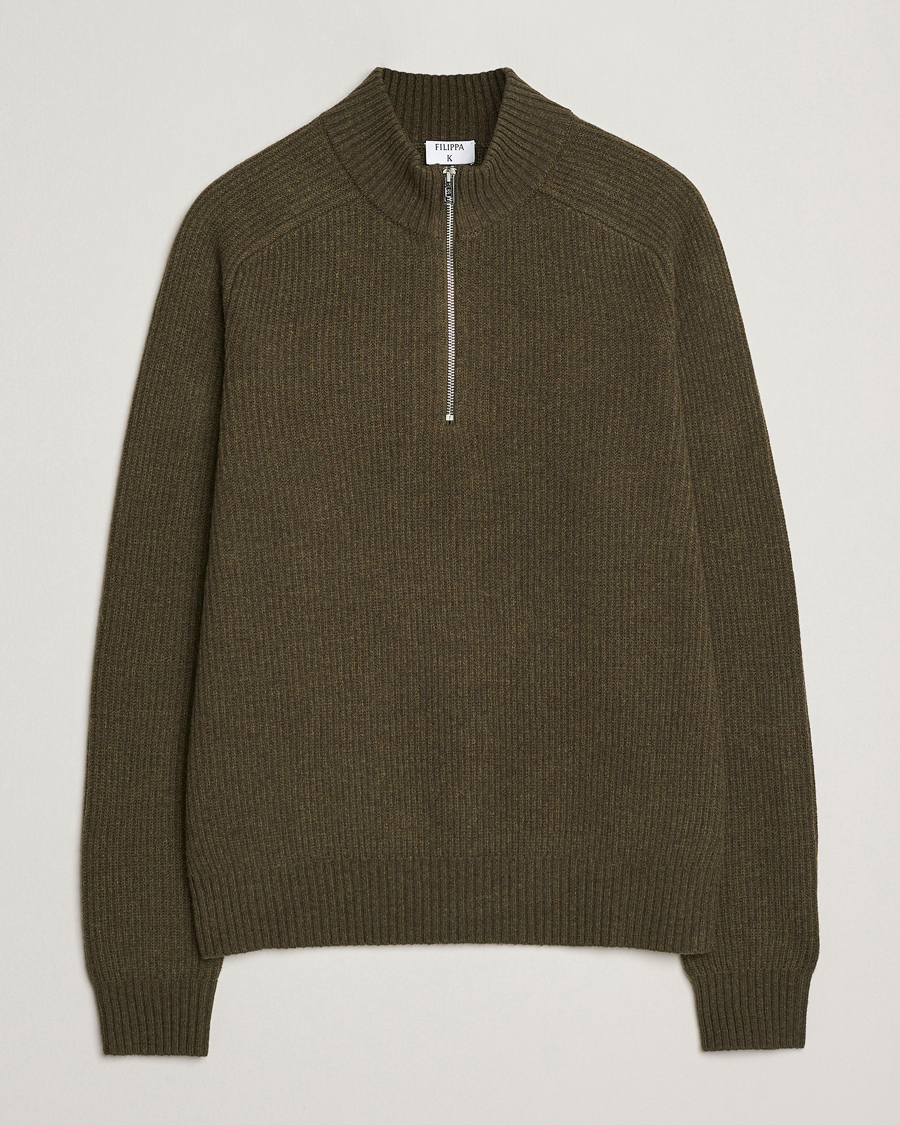 Filippa K Ribbed Wool Half Zip Moss Green at CareOfCarl.com