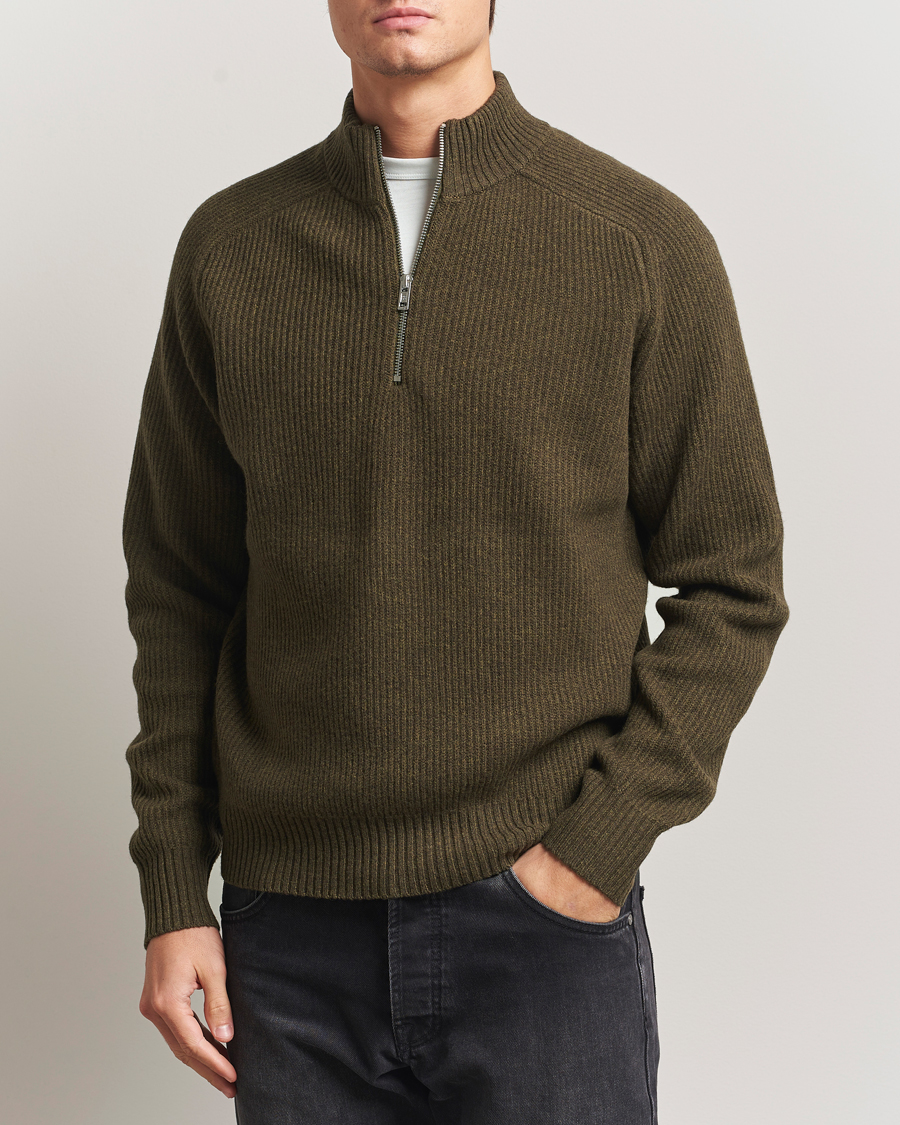 Filippa K Ribbed Wool Half Zip Moss Green at CareOfCarl.com