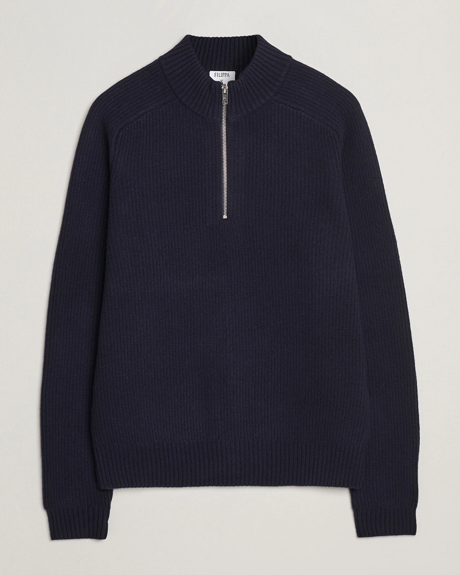 Men | Sweaters & Knitwear | Filippa K | Ribbed Wool Half Zip Navy