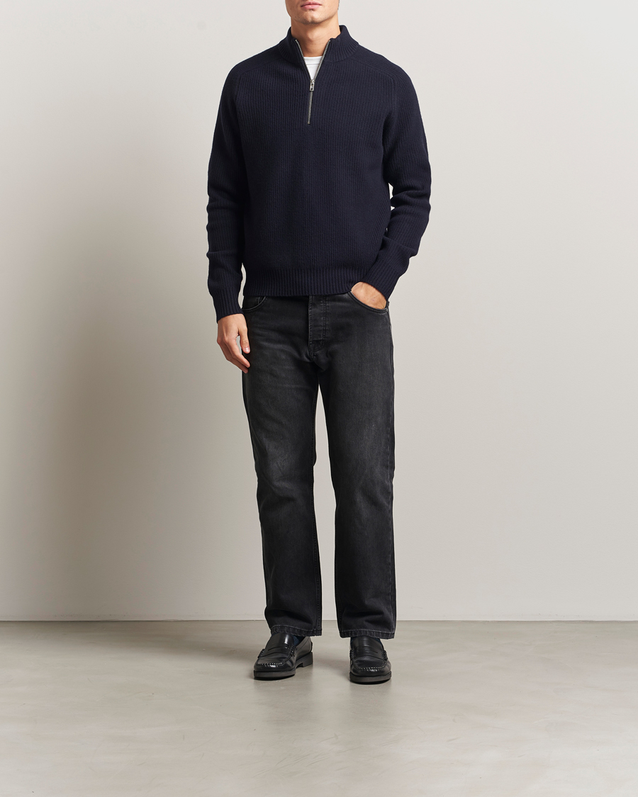 Men | Sweaters & Knitwear | Filippa K | Ribbed Wool Half Zip Navy